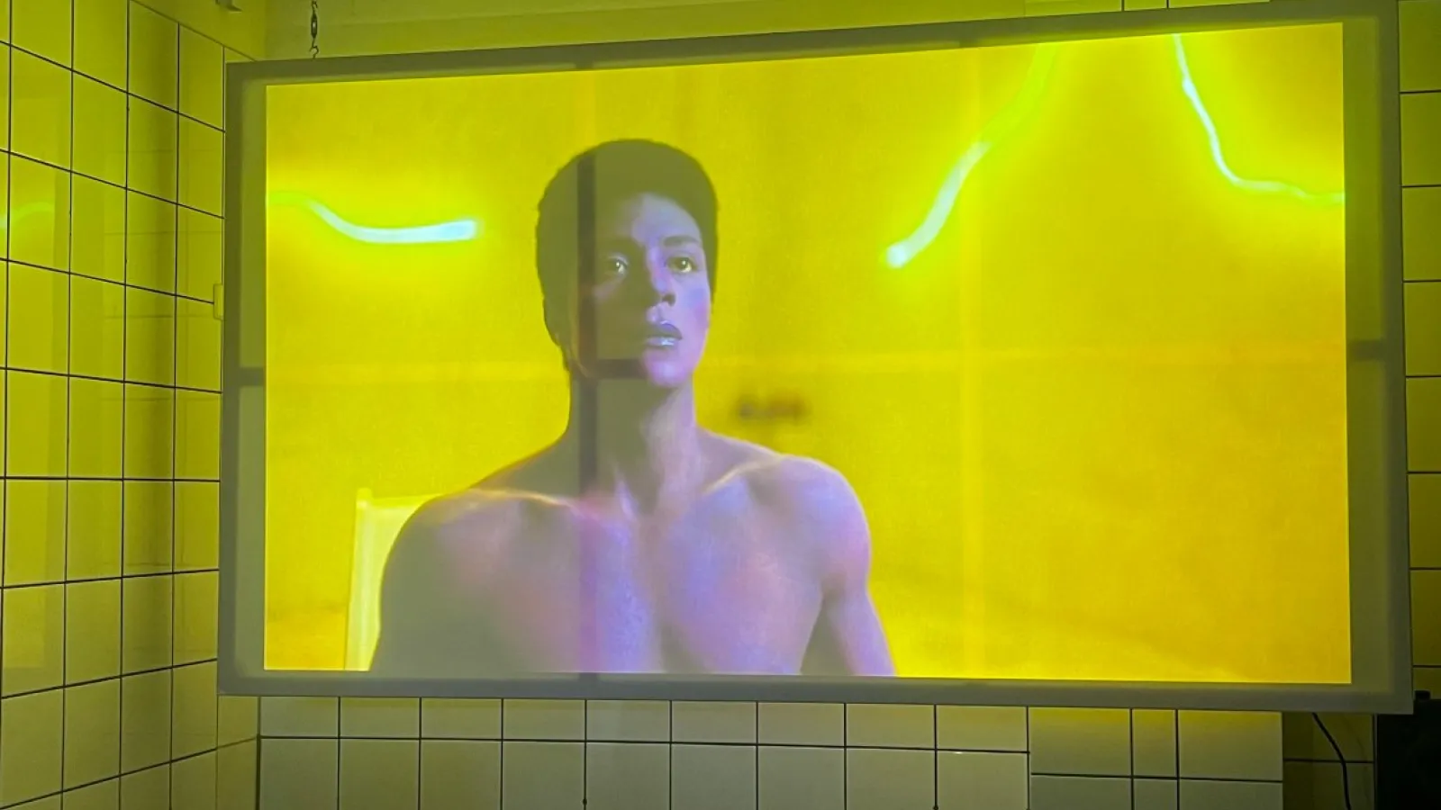 Das Bild zeigt eine Projektion in einer Ausstellung.