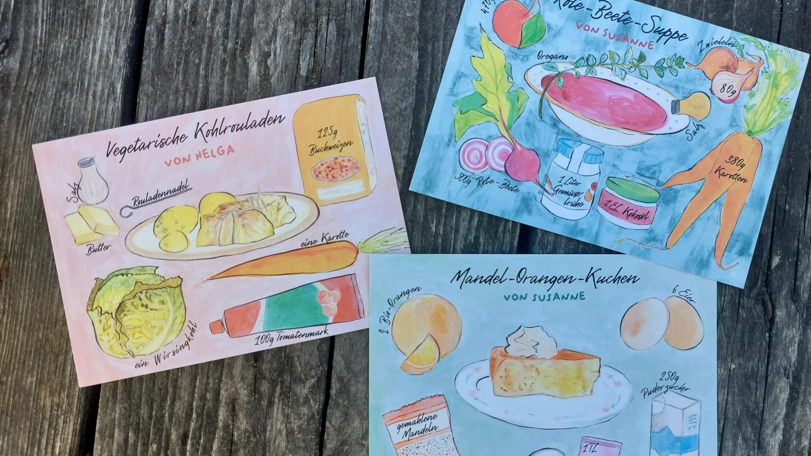 Das Bild zeigt drei Rezeptkarten.