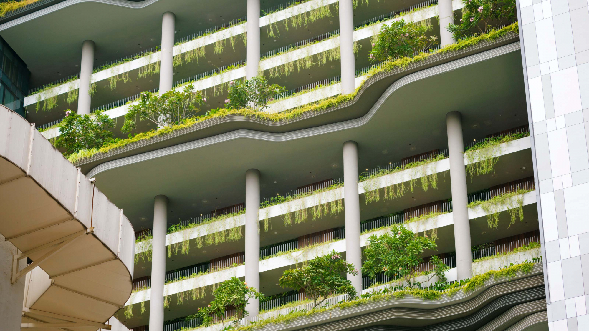 Balkone mit grünen Pflanzen an einem Hochhaus
