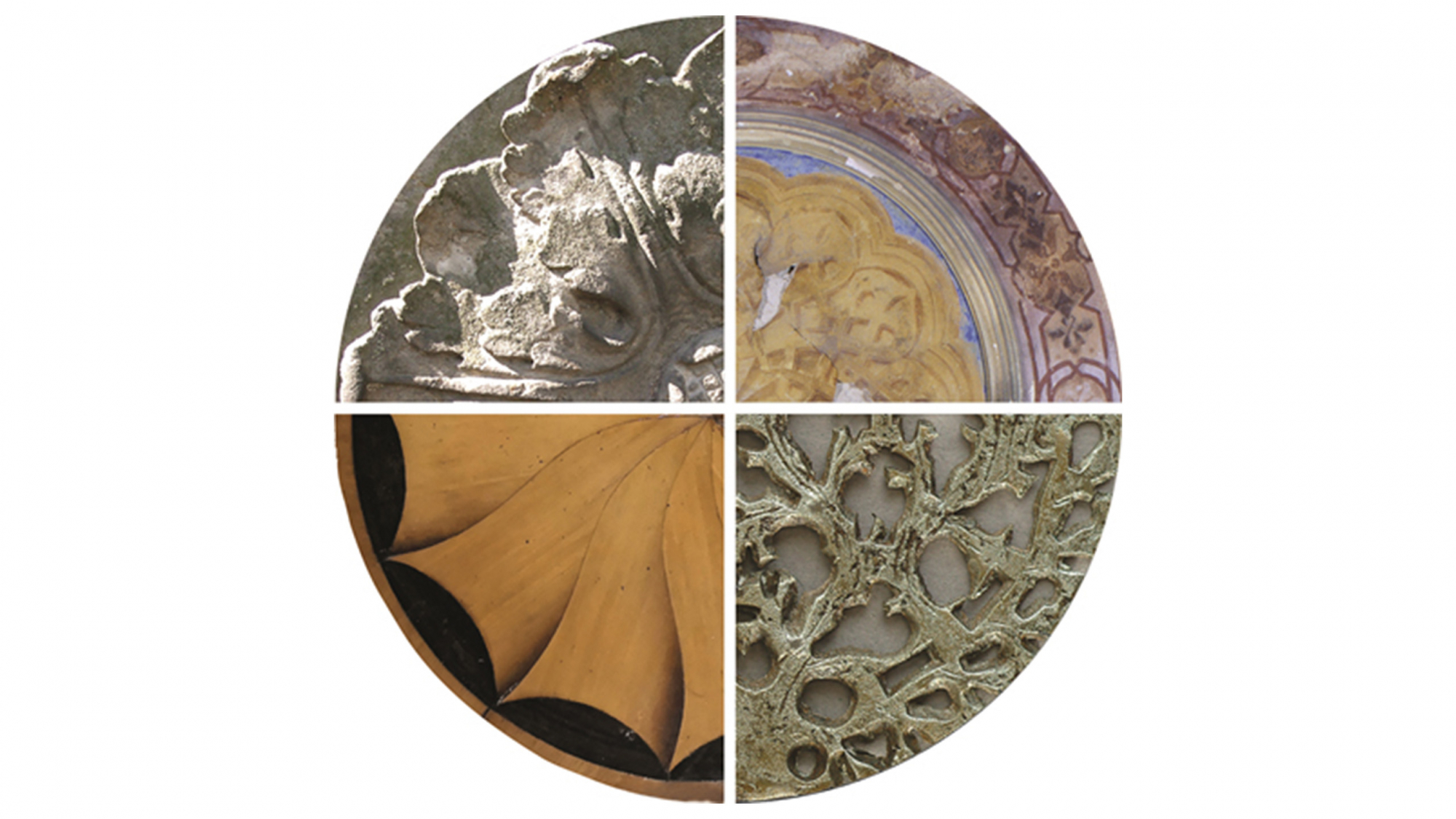 Logo der Konservierung und Restaurierung mit den vier Studienrichtungen Holz, Stein, Metall, Wandmalerei