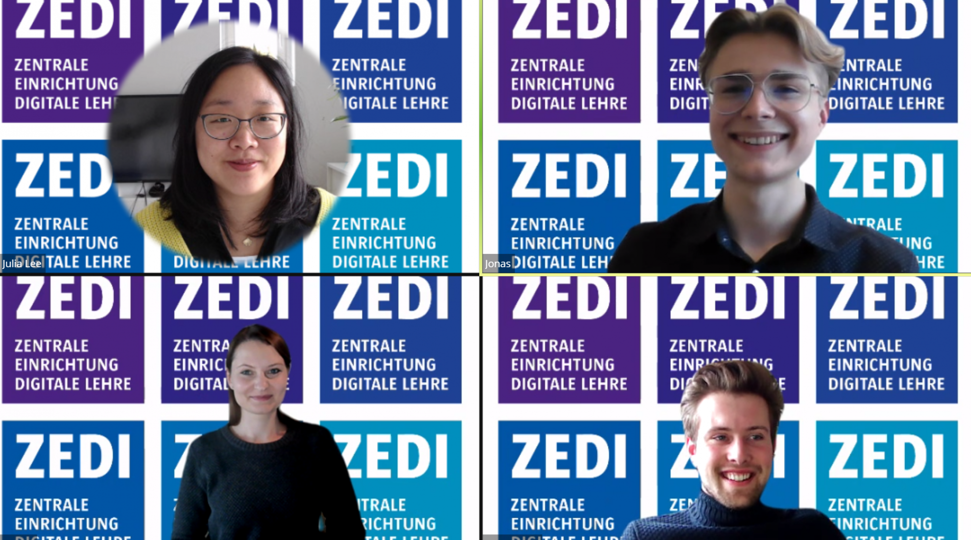 4 Fotos von Teammitgliedern vom ZEDI auf einem Hintergrund mit ZEDI-Logo