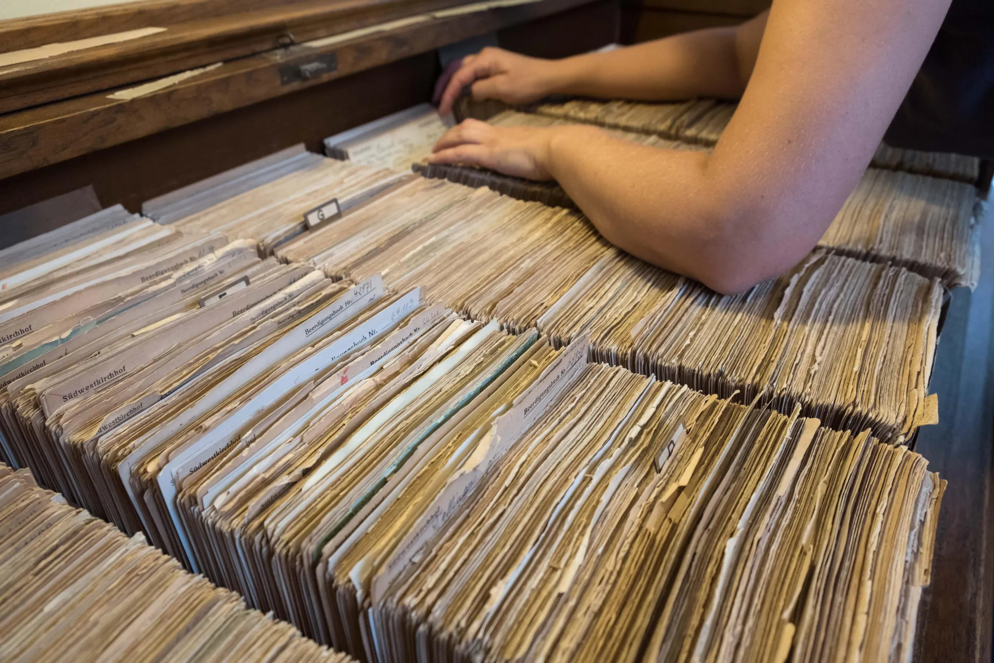 Eine Person blättert  im Verwaltungsgebäude des Stahnsdorfer Friedhofs für Recherchen im Archiv.