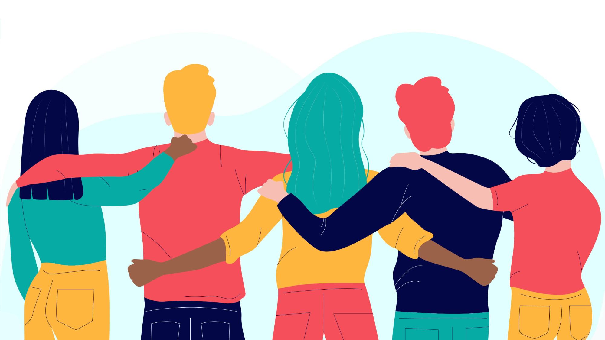 Grafik mit einer Reihe von Personen, die sich gegenseitig die Arme über die Schultern legen.