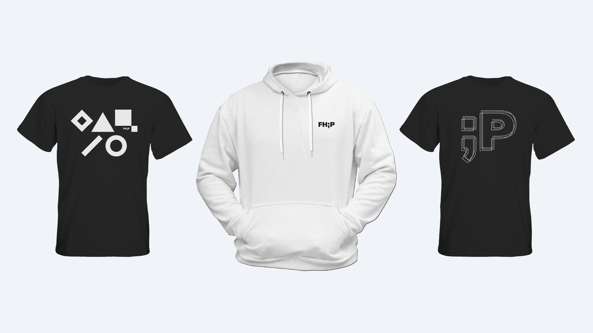 Zwei T-Shirts und ein Hoodie im FHP-Design (mit Logo und Symbolen der AFchbereiche)