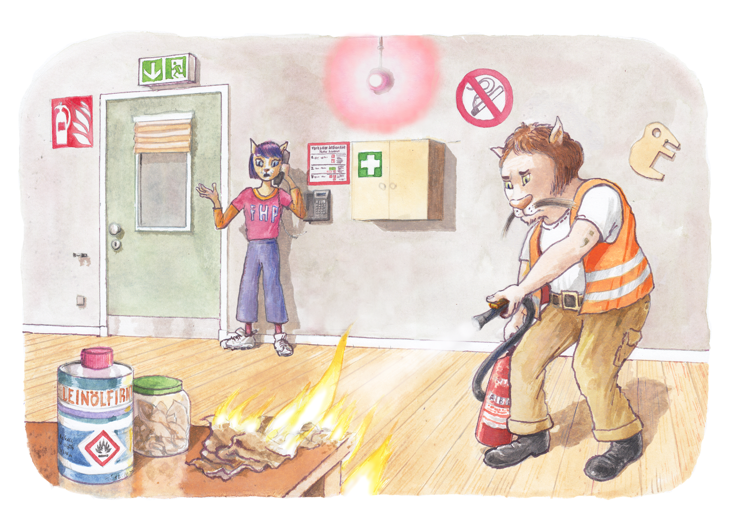 Gezeichnete Figuren demonstrieren, wie im Brandfall reagiert werden sollte.