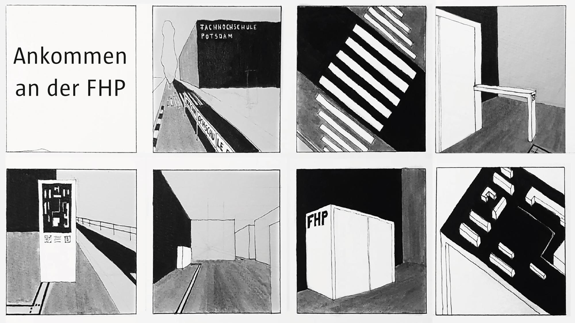 Acht Kleine quadratische Handskizzen in Schwarz-Weiß zeigen die verschiedenen Orte der Eingriffe, wie z. B. eine Stele mit Campusplan