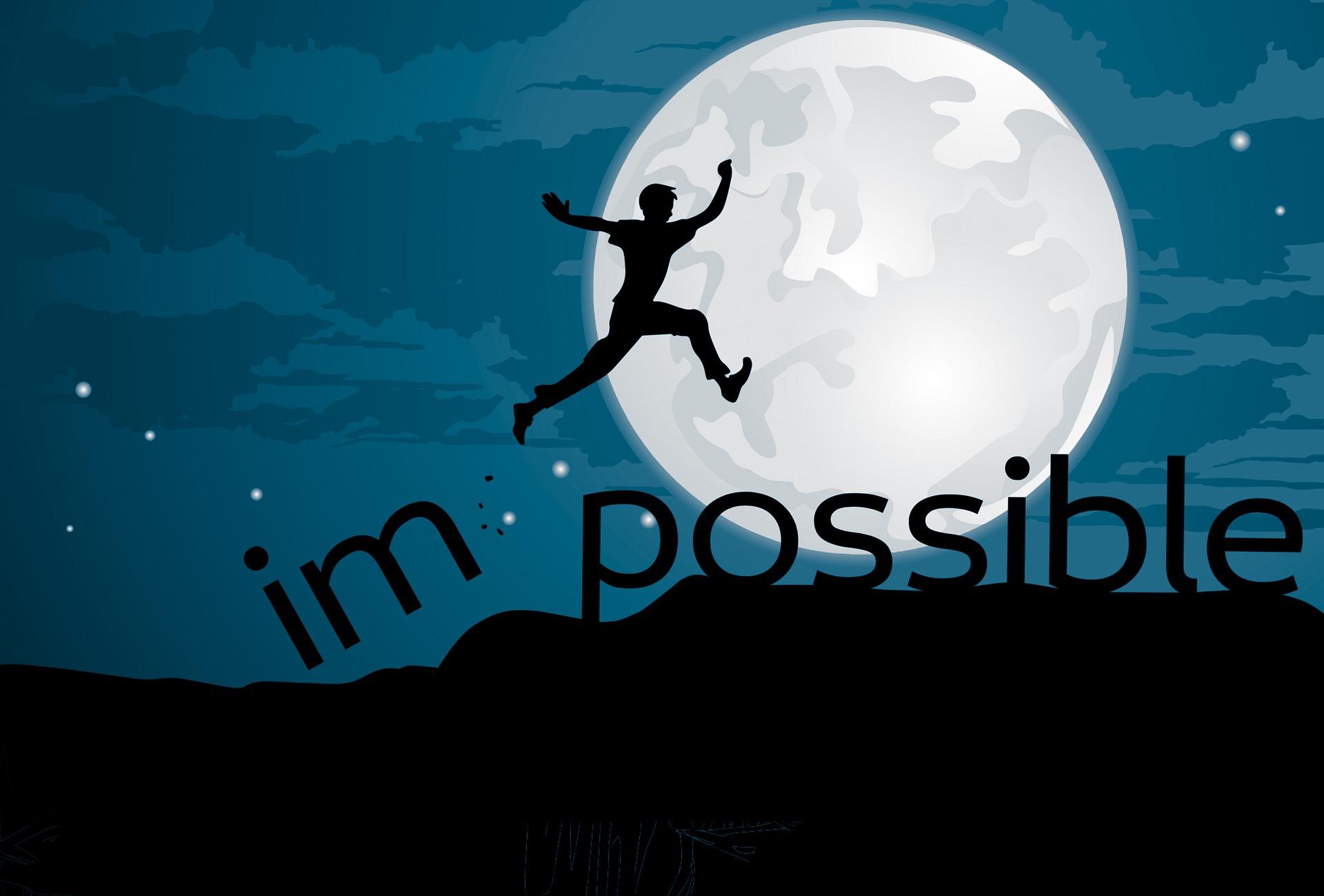 Illustration einer Person die freudig in die Luft springt und dabei das Wort "impossible" zerstört, sodass nur "possible" zurückbleibt