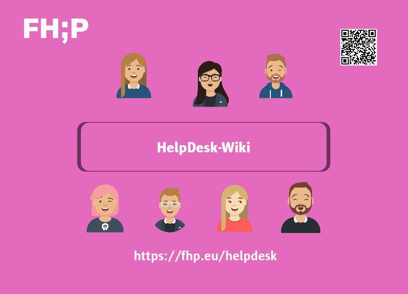 Pinker Flyer für das HelpDesk-Wiki mit illustrierten Menschen, einem Link und QR-Code