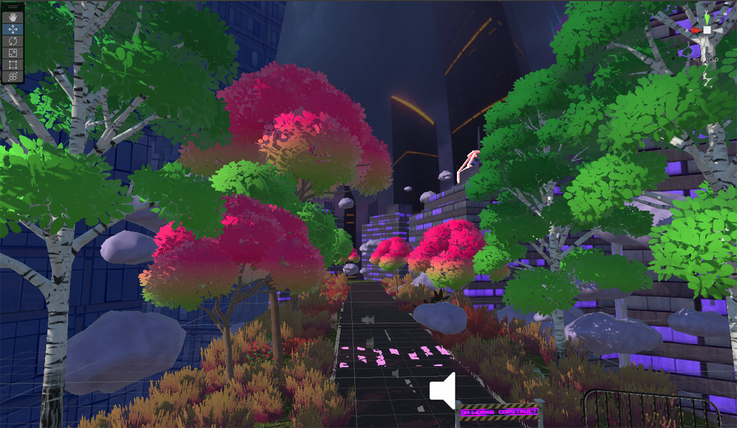 Screenshot einer VR-Anwendungen mit einem von Bäumen gesäumt Pfad und einem Lautsprechersymbol