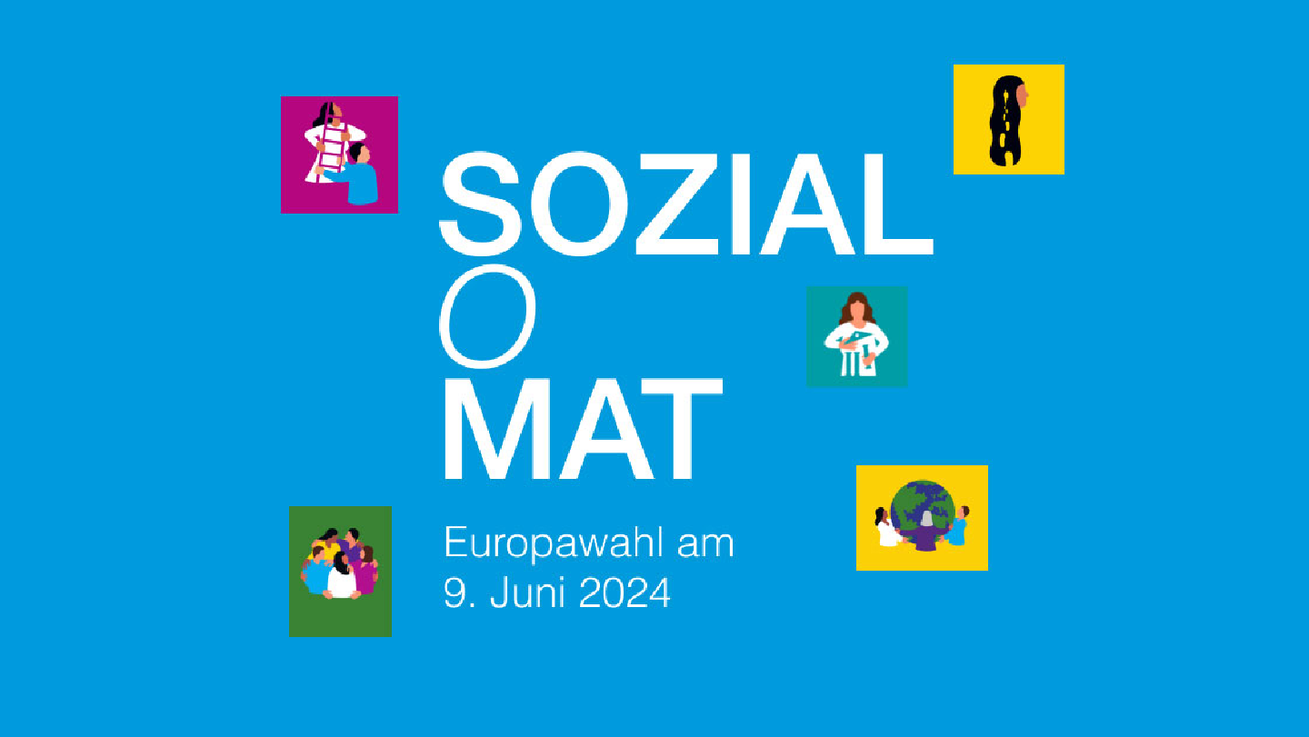 Auf blauem Grund großer Schriftzug: "Sozial O Mat"; in klein: Europawahl am 9. Juni 2024