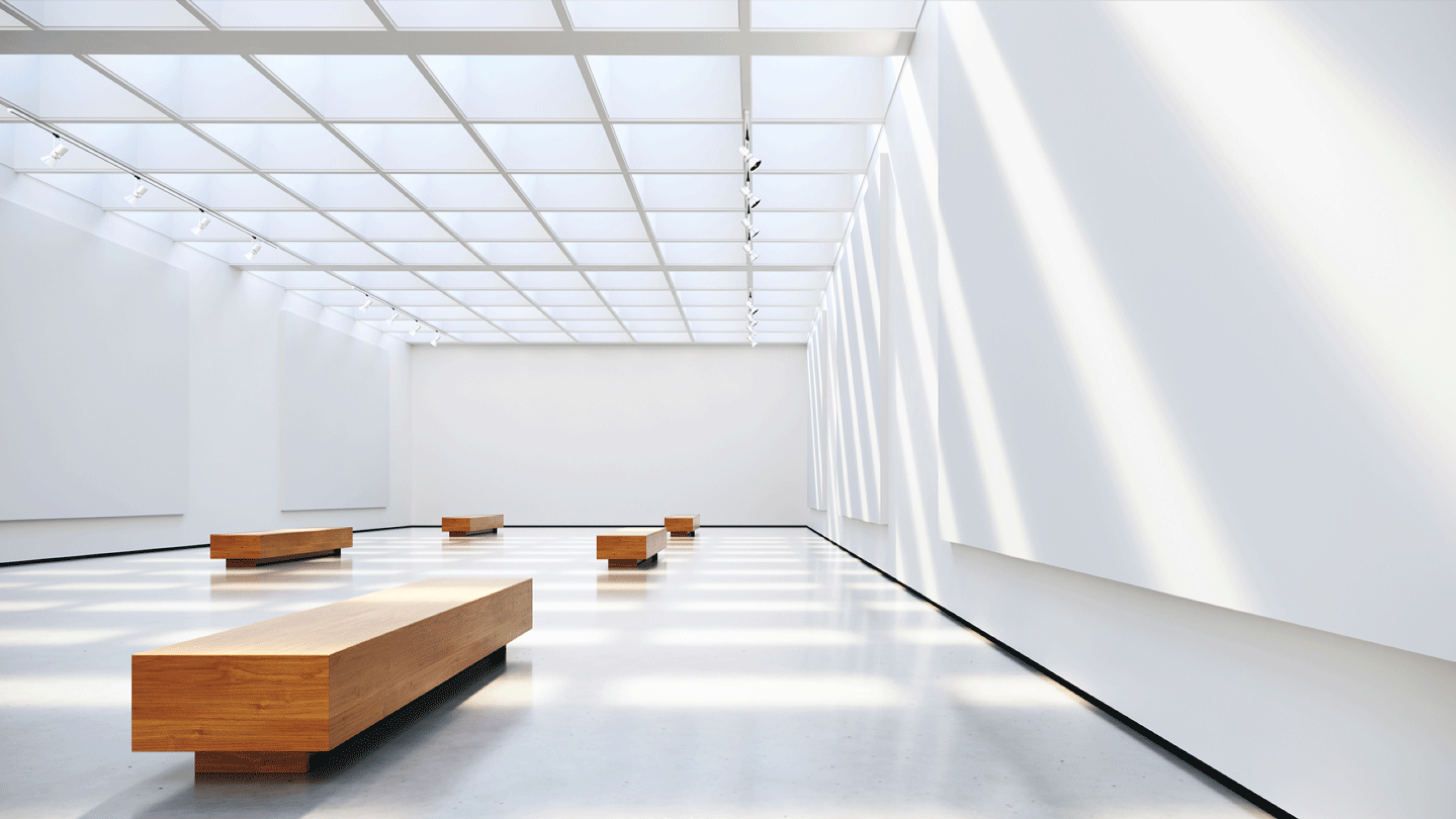 Raum in Galerie mit weißen Wänden und Bänken