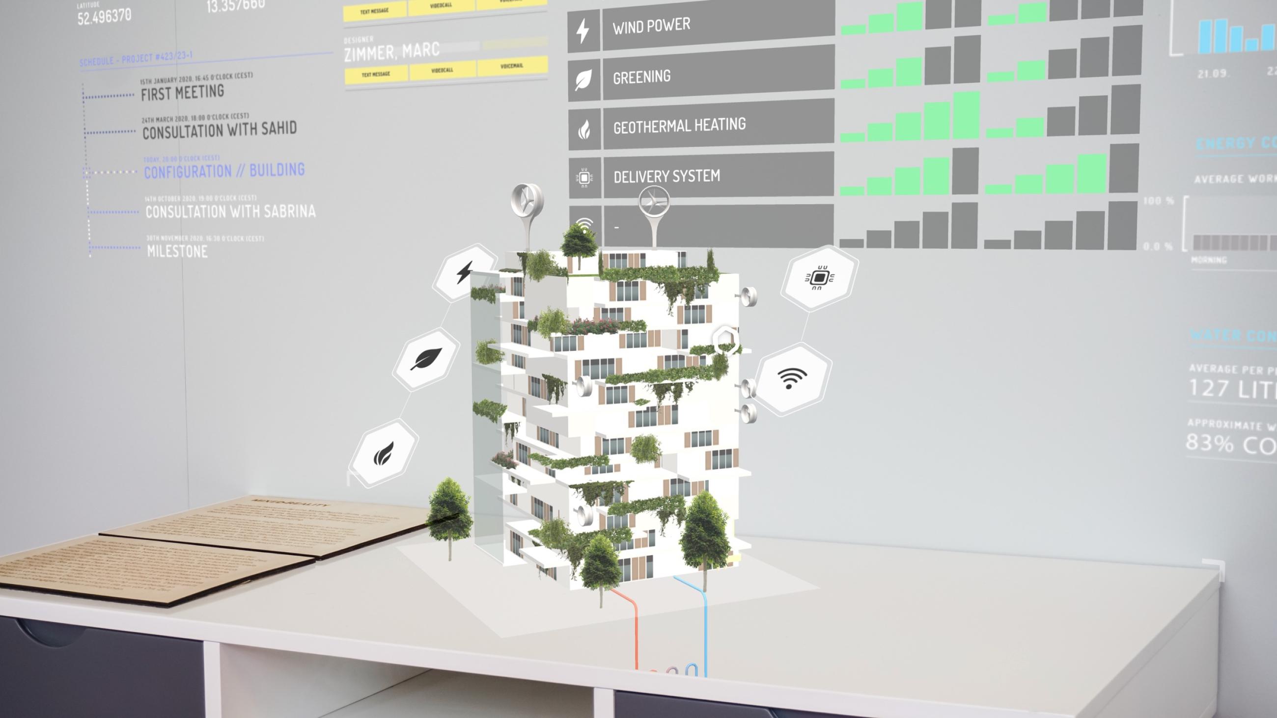 Computergenerierte Darstellung der Anwendung »Augmented Home«, die eine Steuerung von Haustechnik über Augmented Reality ermöglicht.