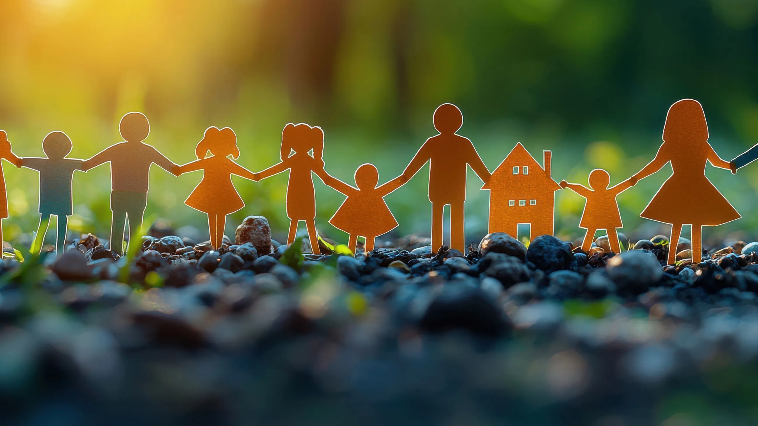 Papierfiguren von Menschen und einem Haus, die sich an den Händen halten, auf einem Boden mit kleinen Steinen vor unscharfem, grünem Hintergrund.