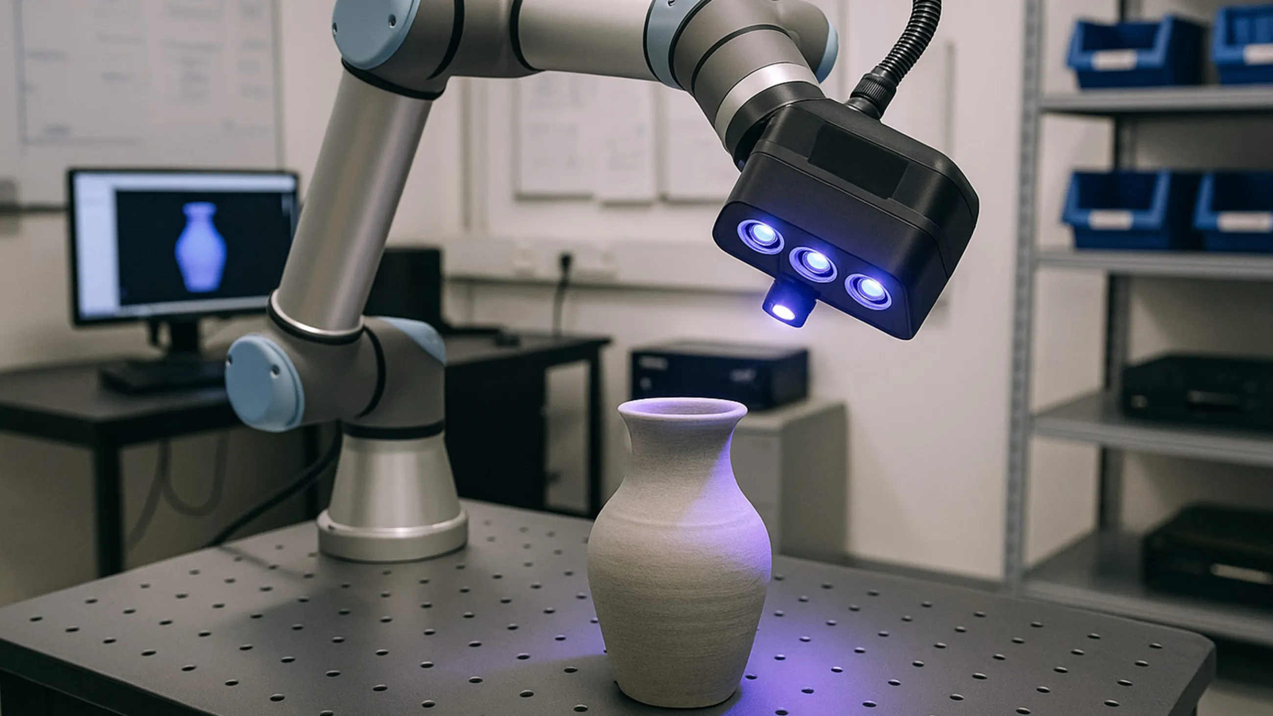 Eine Vase wird von einem Tischroboter gescannt