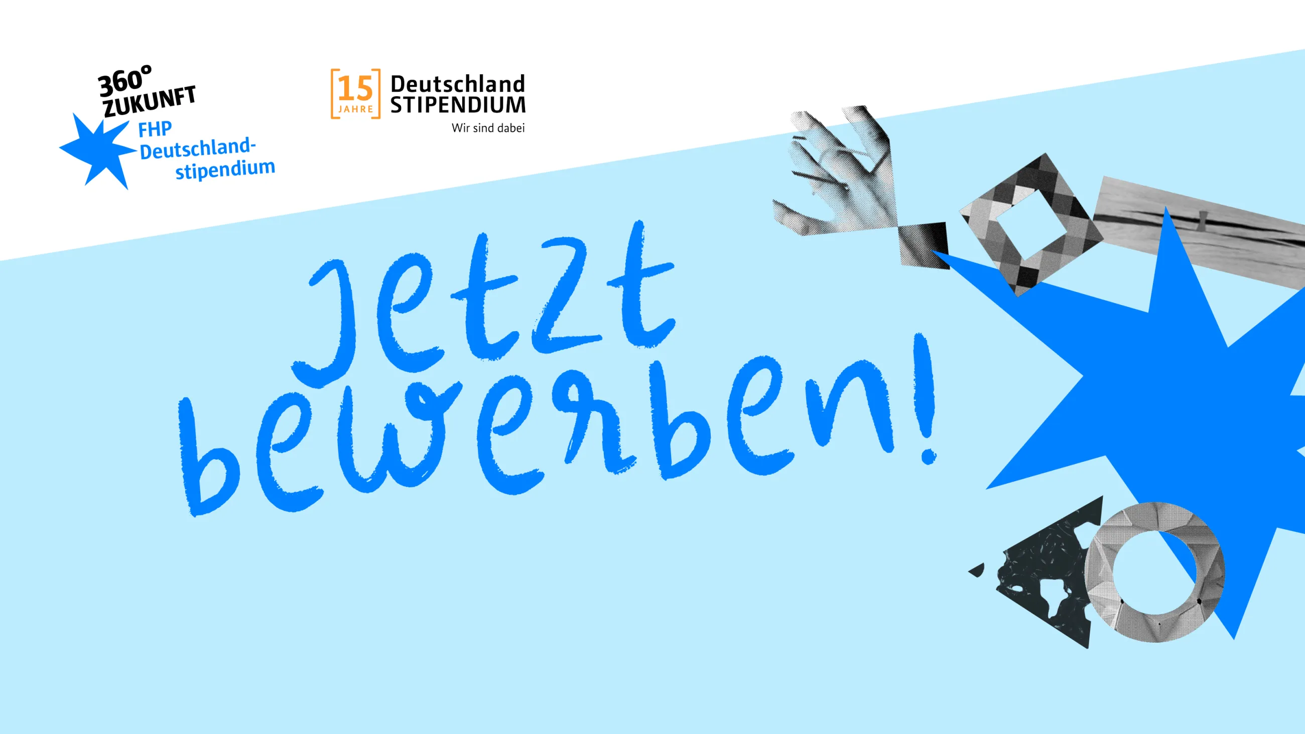 Grafik mit Fachbereichssymbolen und Text "Jetzt bewerben" sowie Logos von 360° ZUKUNFT und Deutschlandstipendium