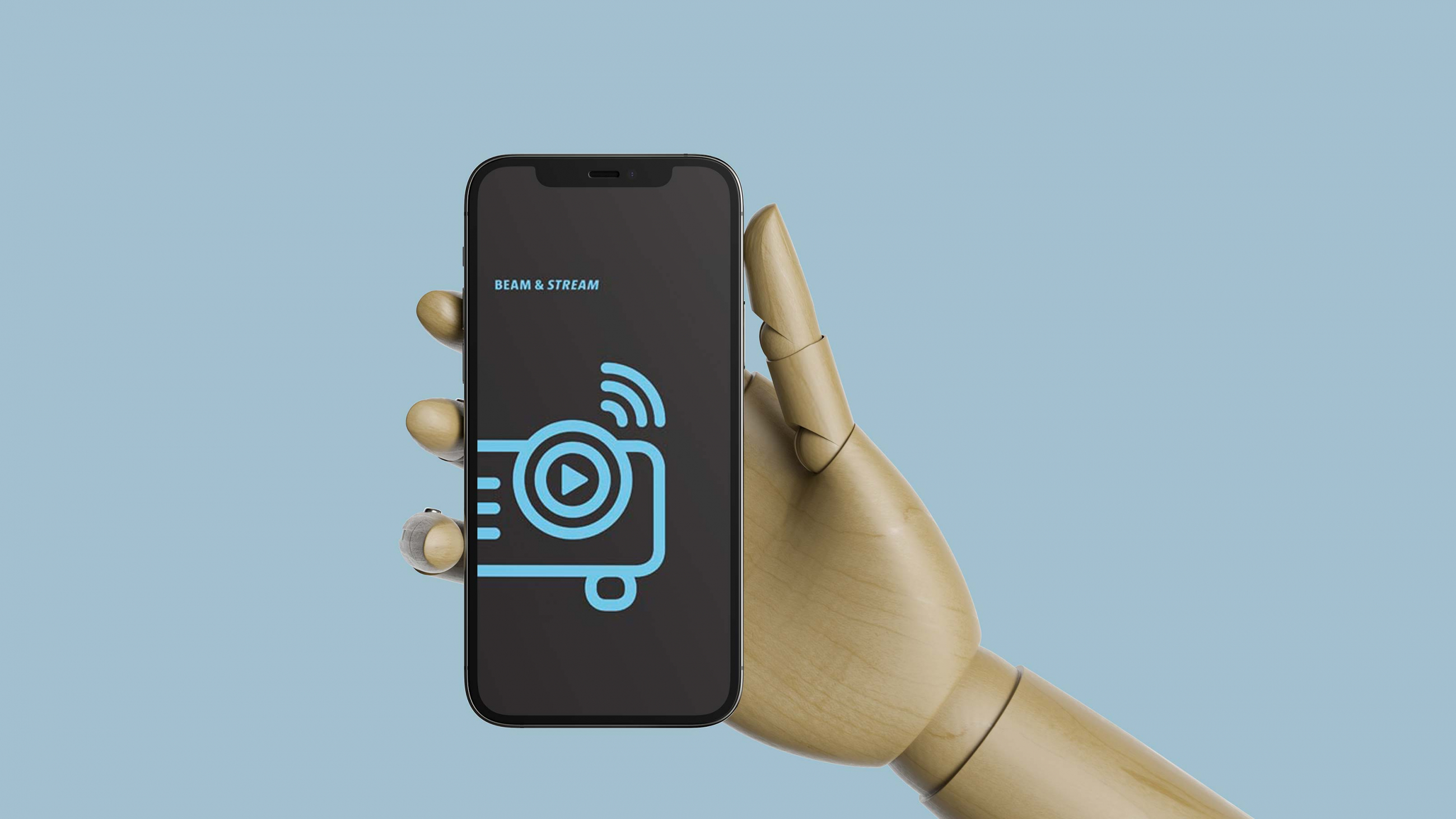 Ein hand hält ein mobiles Telefon vor blauem Hintergrund; die Beam & Stream-App ist geöffnet