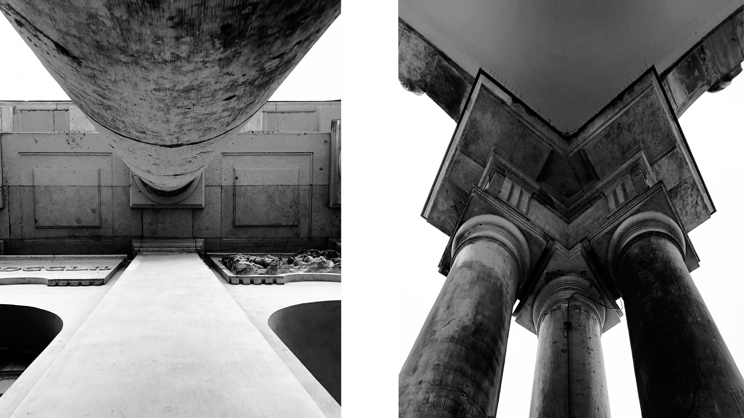Zwei schwarz-weiß Fotografien von Säulen eines Gebäudes aus der Ausstellung "HAUS UND STRASSE" des Studiengangs Architektur und Städtbeau