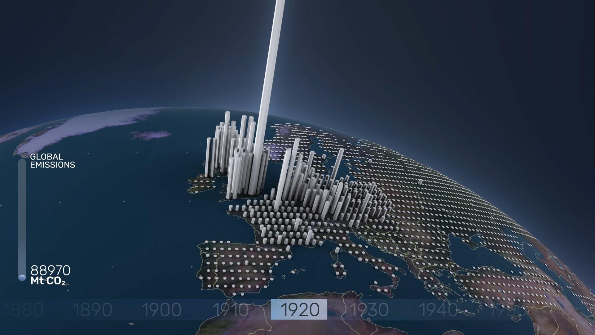 Screenshot zum Projekt "A Brief History of CO2 Emissions". Zu sehen ist Europa in der Weltraumansicht und darauf Balken, welche die Zunahme der Treibhausgasemissionen seit 1920 abbilden.