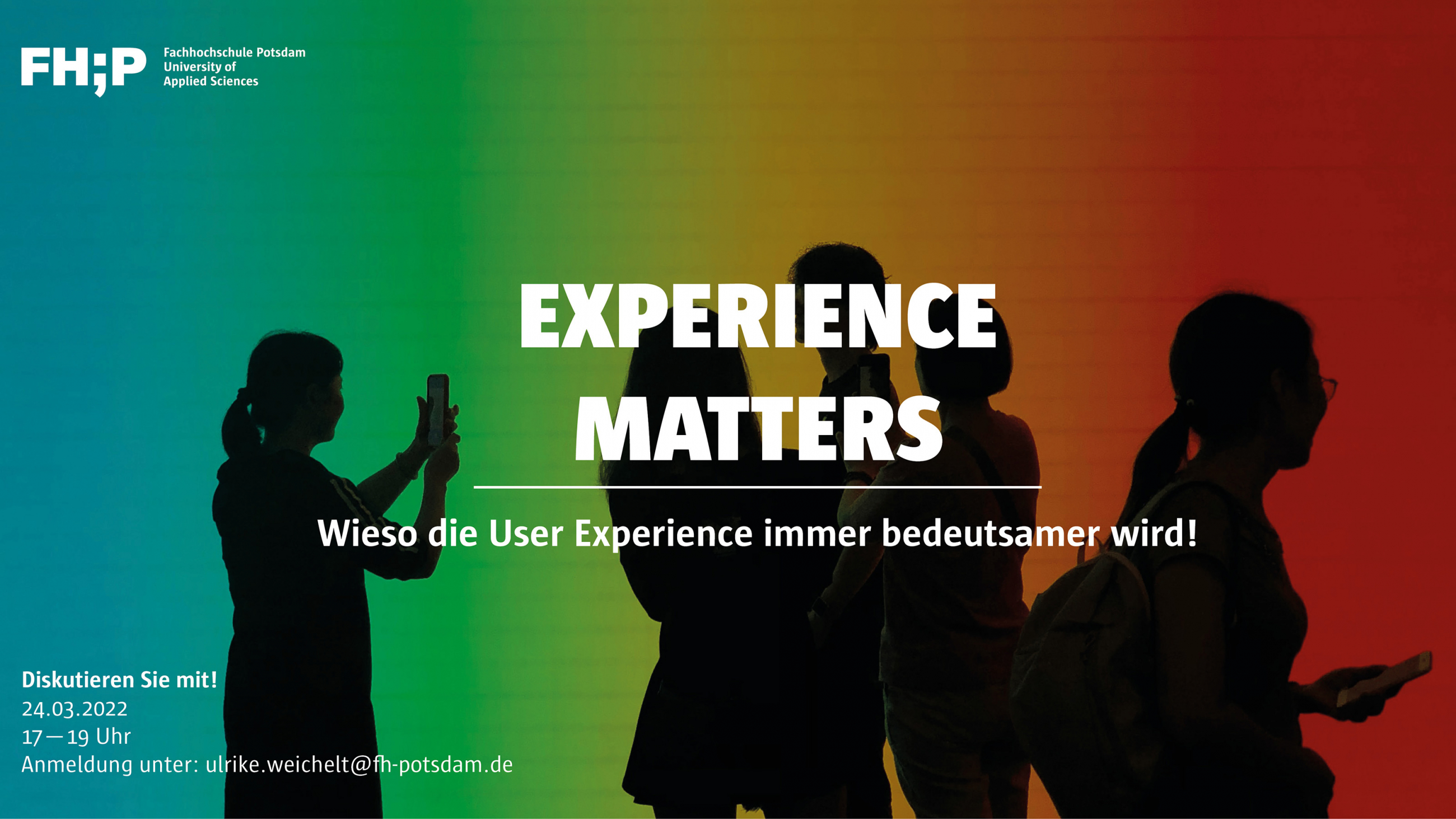 Personen mit Smartphones als schwarze Silhouetten vor buntem Hintergrund, Text: "Experience Matters"