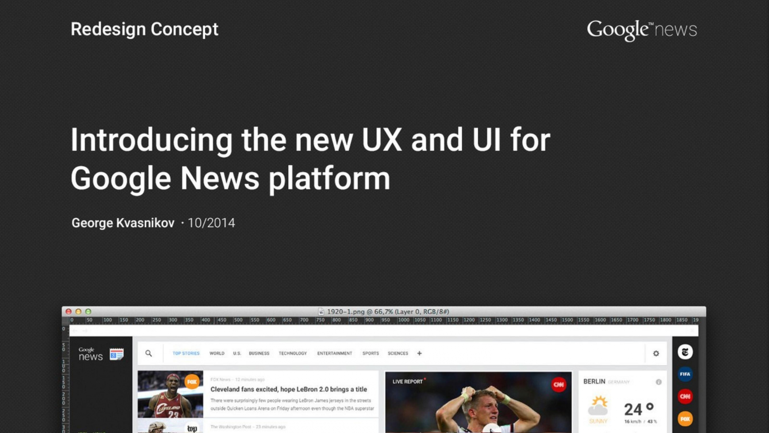 Website-Screenshot vom Redesign-Konzept mit der Überschrift "Introducing the new UX and UI for Goggle News plattform"