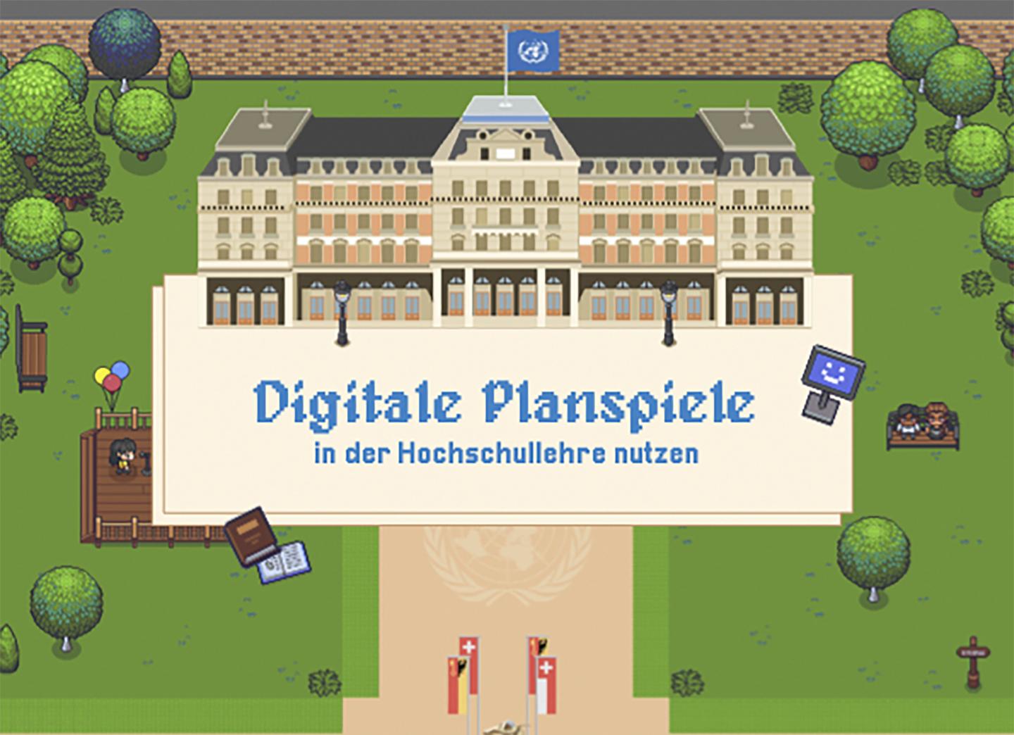 Illustrierte Landschaft mit dem Titel Digitale Planspiele in der Hochschule nutzen