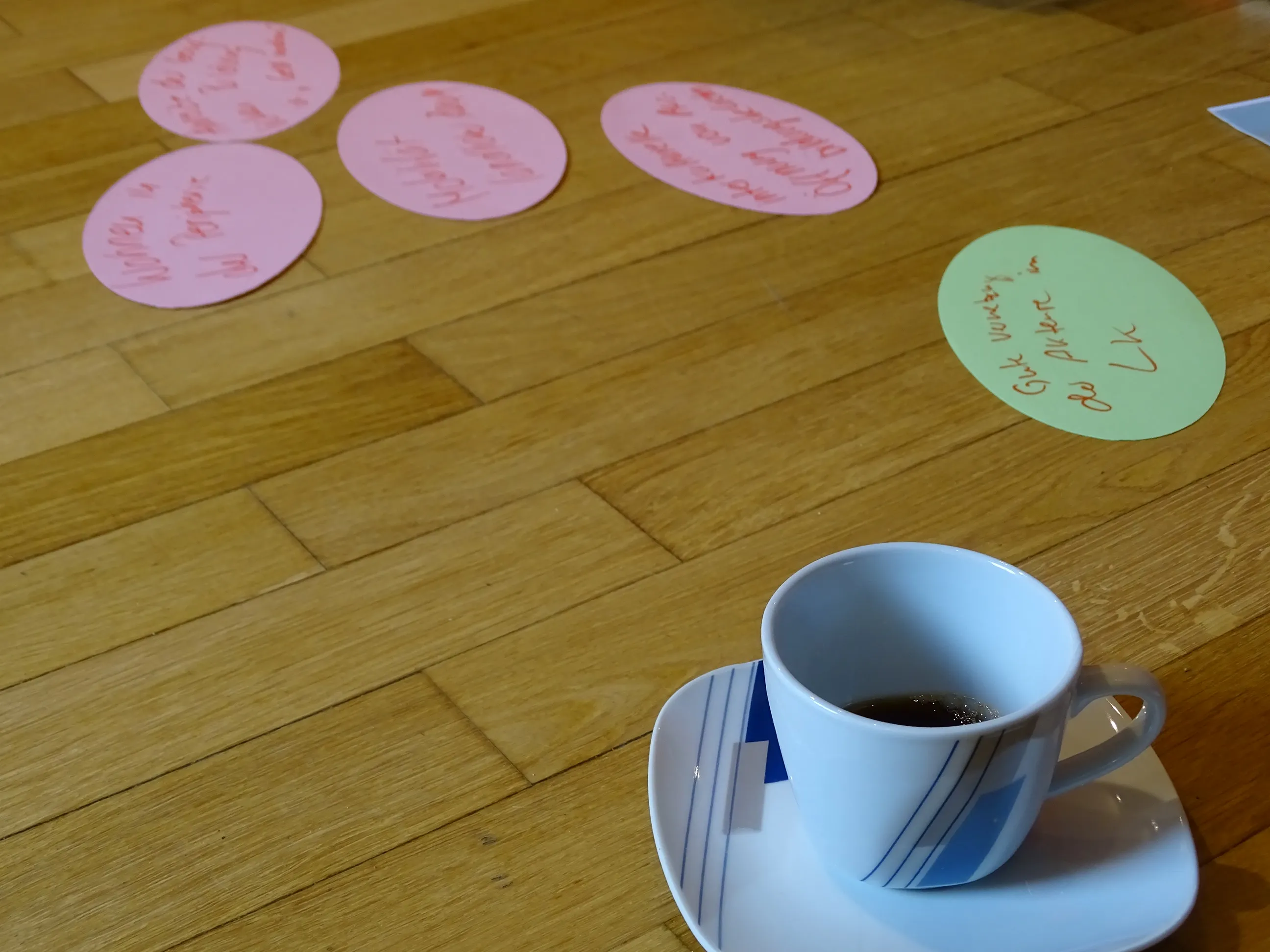 Kaffeetasse neben beschriebenen Zetteln