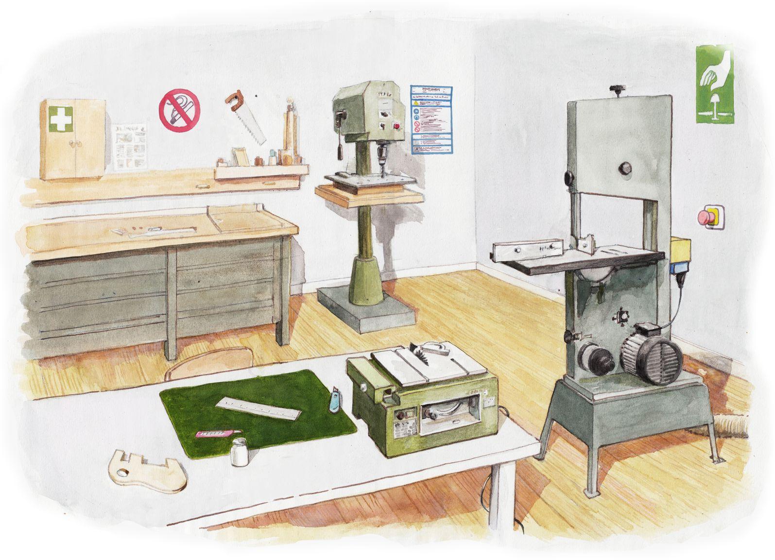 Illustration einer Holzwerkstatt mit Cuttermesser, Kreissäge, Bandsäge und Ständerbohrer.
