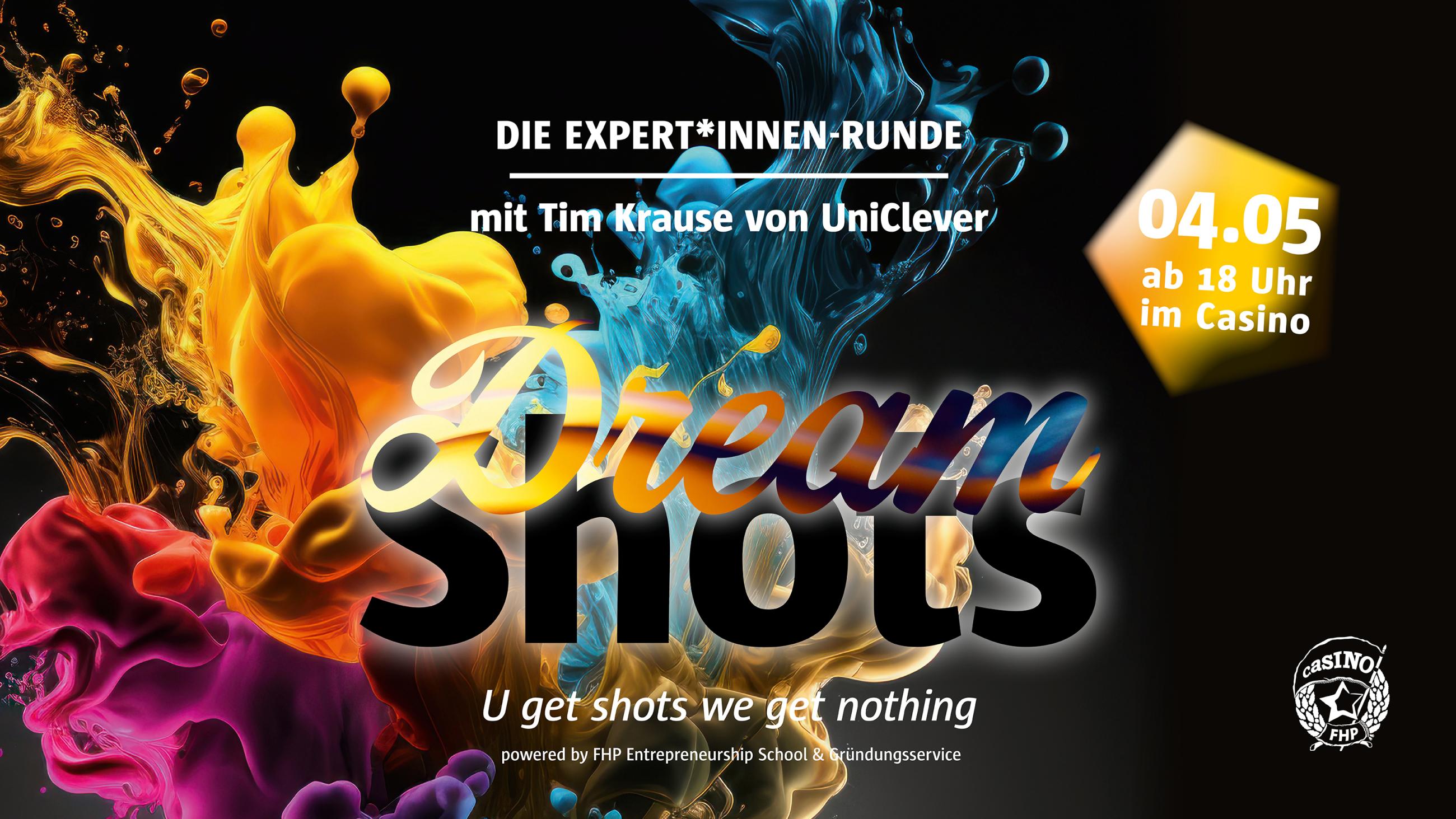 Schwarzer Hintergrund mit Schriftzug "DreamShots" und farbigen Elementen