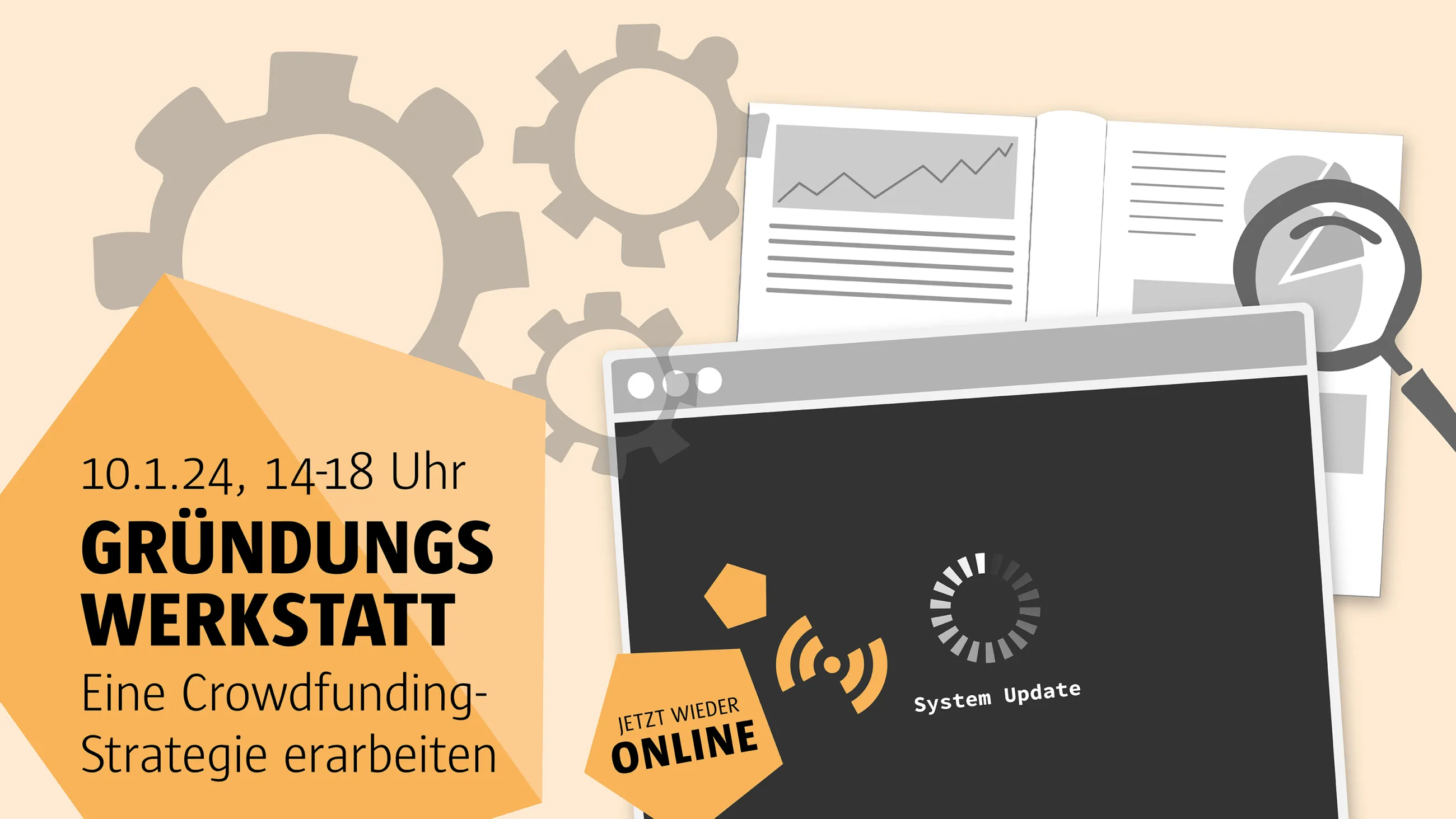 Illustration Bildschirm, Dokument, Lupe und Zahnräder in orange