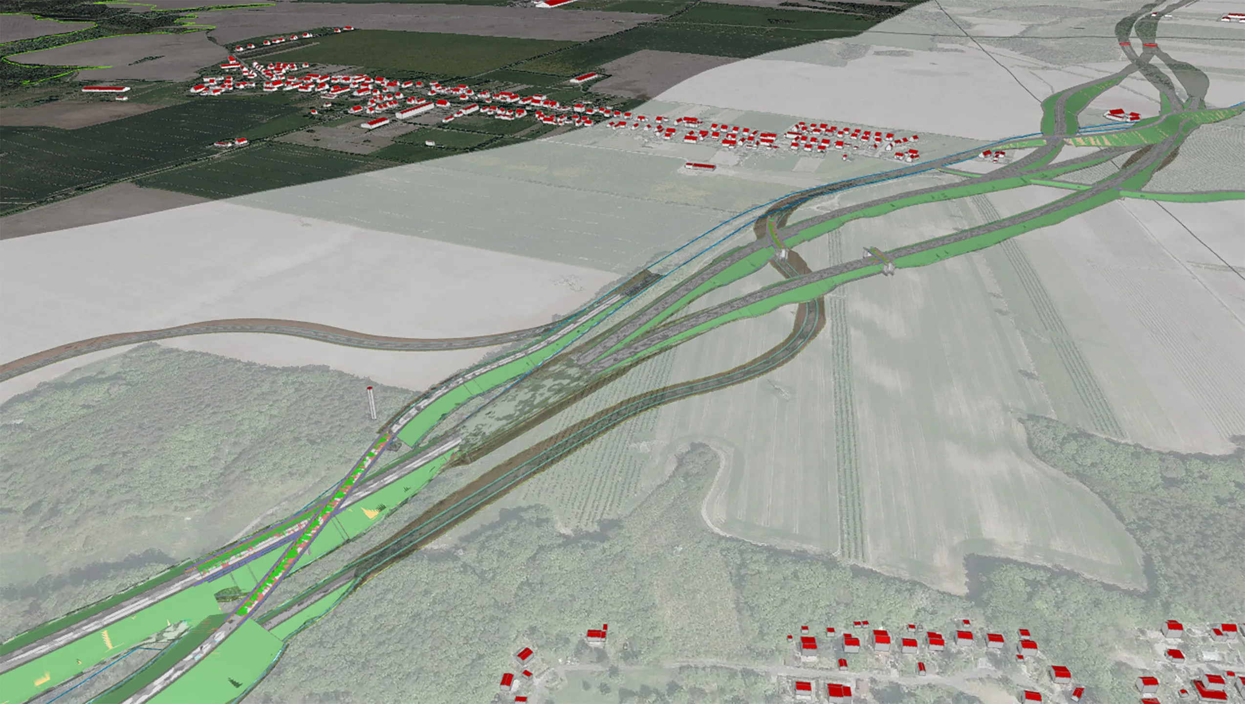 Computergeneriertes BIM-Planungsmodell einer Straßenführung vorbei an einem Ort