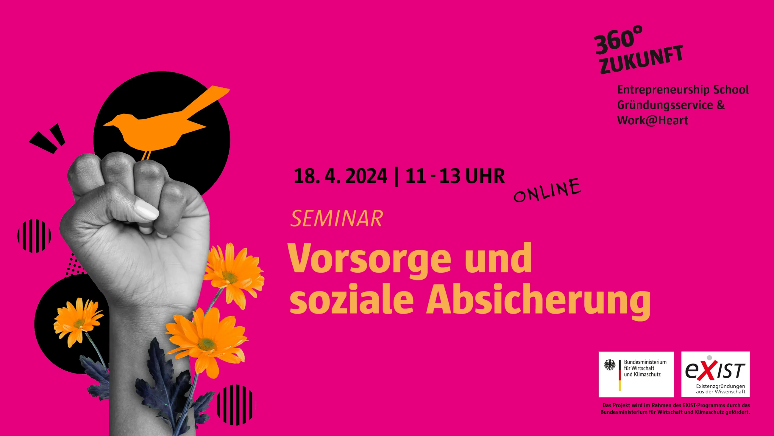Collage einer erhobenen Faust mit blumigen Elementen, pinkem Hintergrund und der Aufschrift Vorsorge und soziale Absicherung