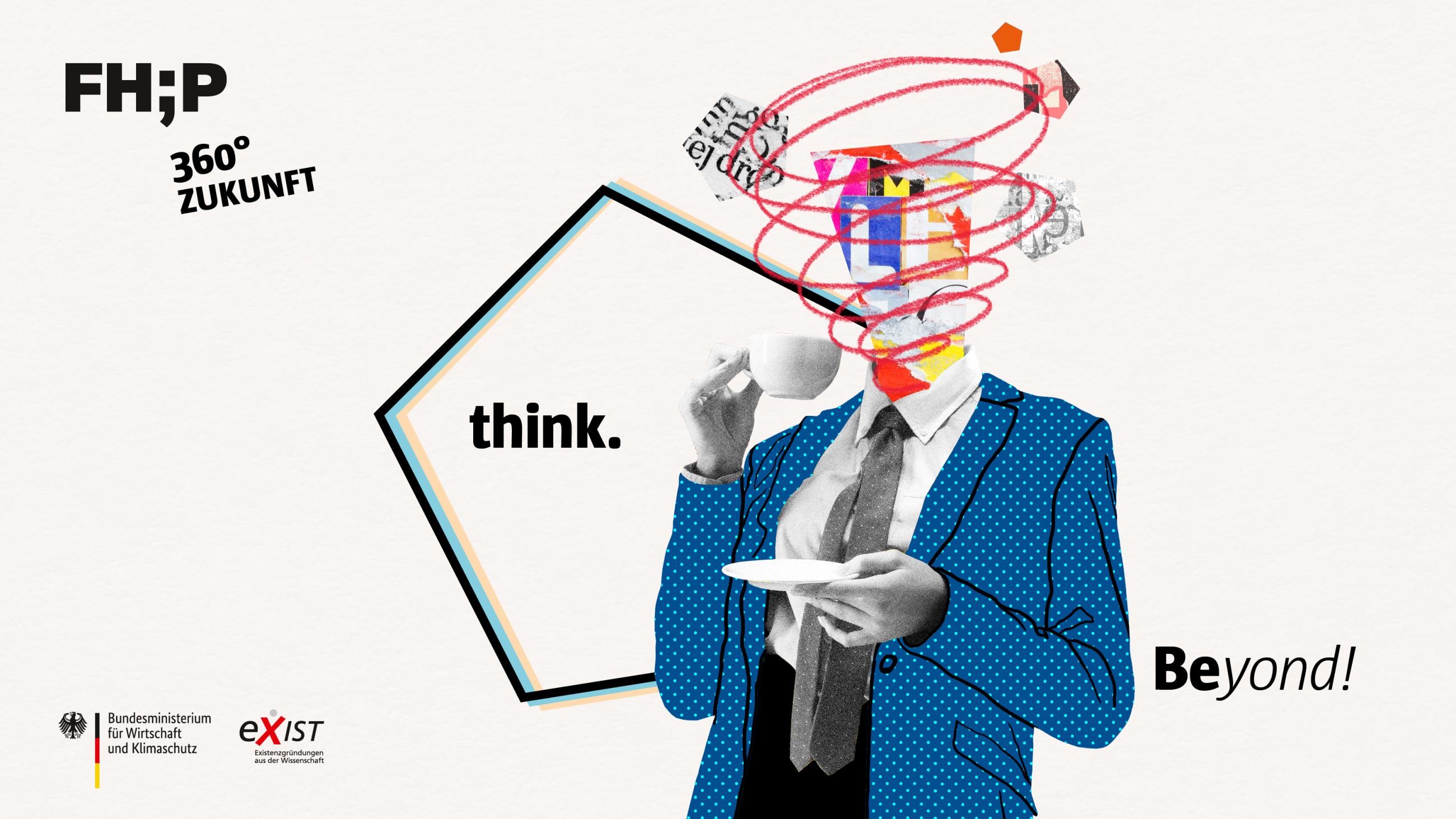 Grafik einer Business-Person mit Tasse und Gedankenwirbel statt Kopf sowie der Aufschrift think.Beyond