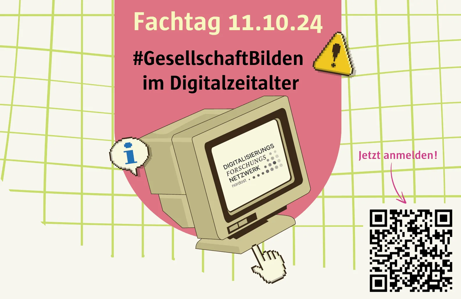 Postkarte mit Einladung zum Fachtag "#GesellschaftBilden im Digitalzeitalter" des Digitalisierungsforschungsnetzwerk Nordost am 11.10.24