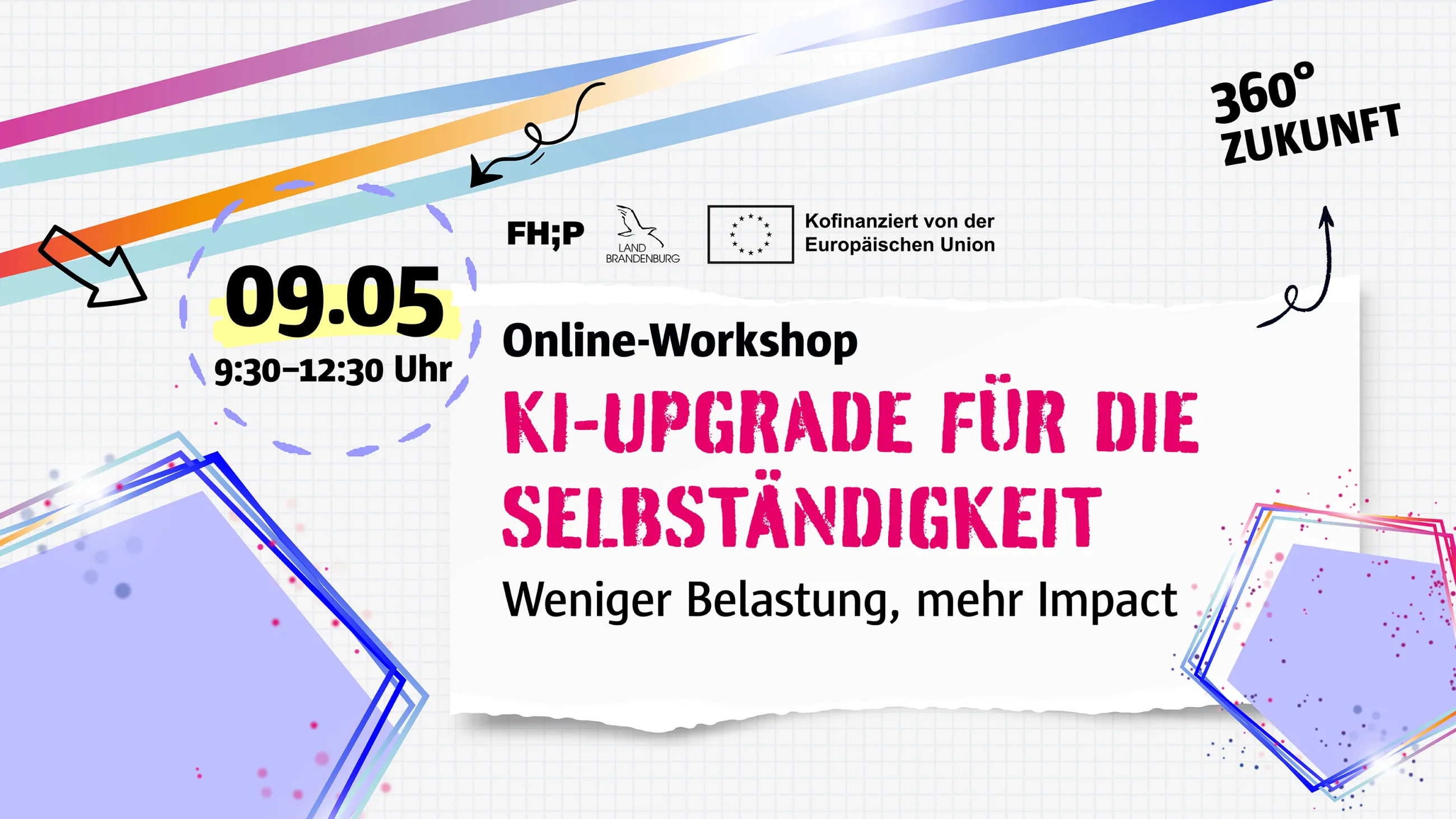 Bunte Illustration im Schulblockdesign mit der Aufschrift KI-Upgrade für die Selbstständigkeit