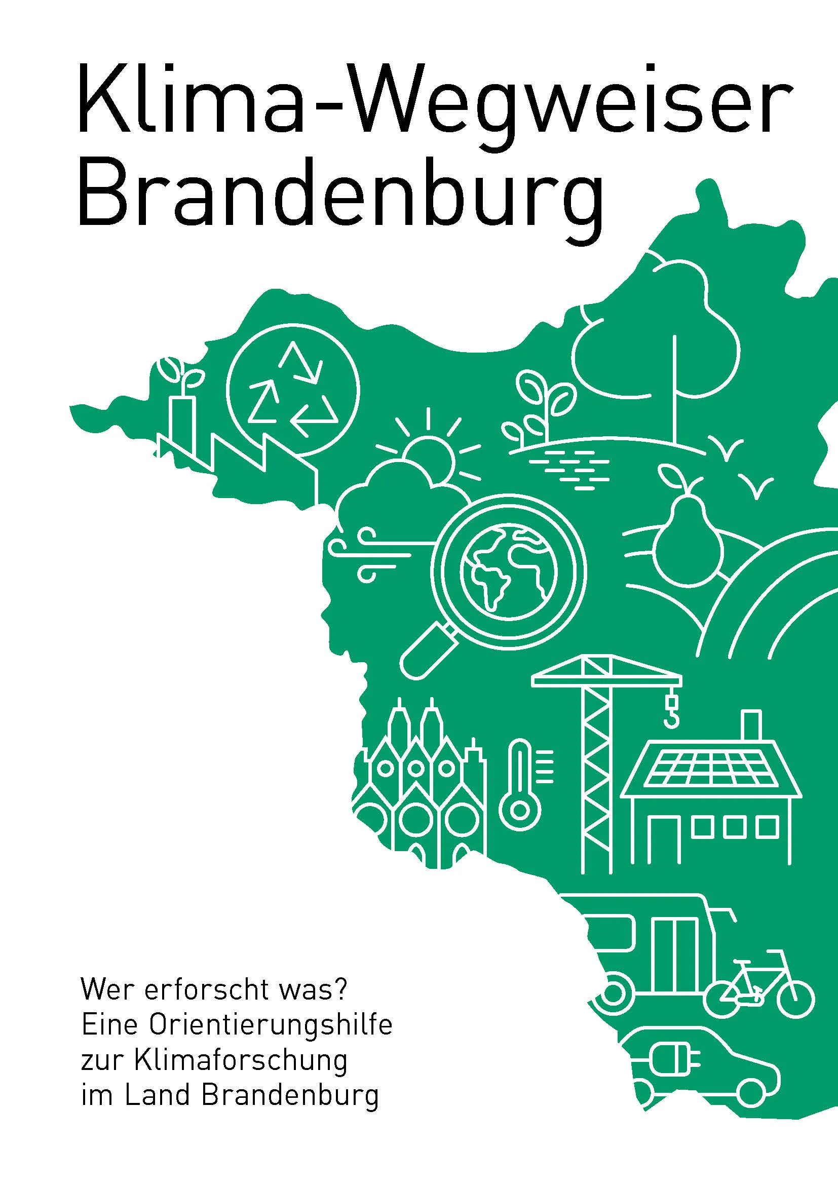 Umriss Bundesland Brandenburg in grün mit Icons zu Natur und Produktion