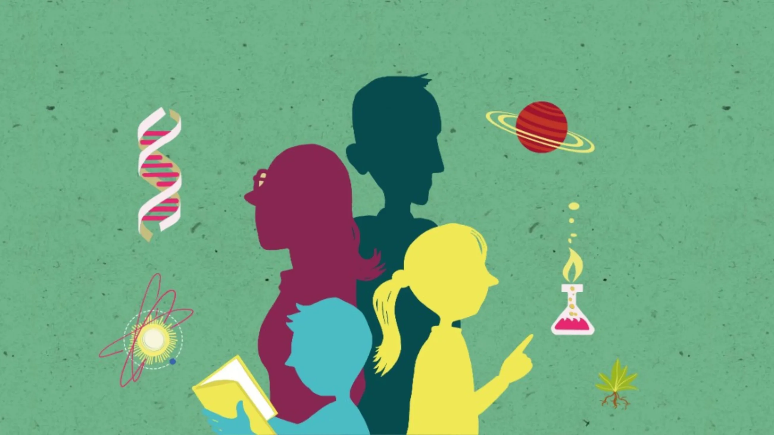 Stilisierte Familie und verschiedene Icons zum Thema Wissenschaft (Planet, Reagenzglas, DNA-Strang)