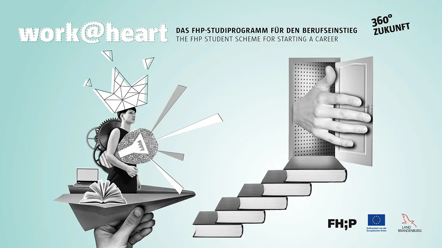 Collage Frau auf Papierflieger mit Glühbirne, Bücher und Rechner, Papierkrone auf dem Kopf – Treppe aus Büchern zu einer Tür, die von einer Hand aufgehalten wird