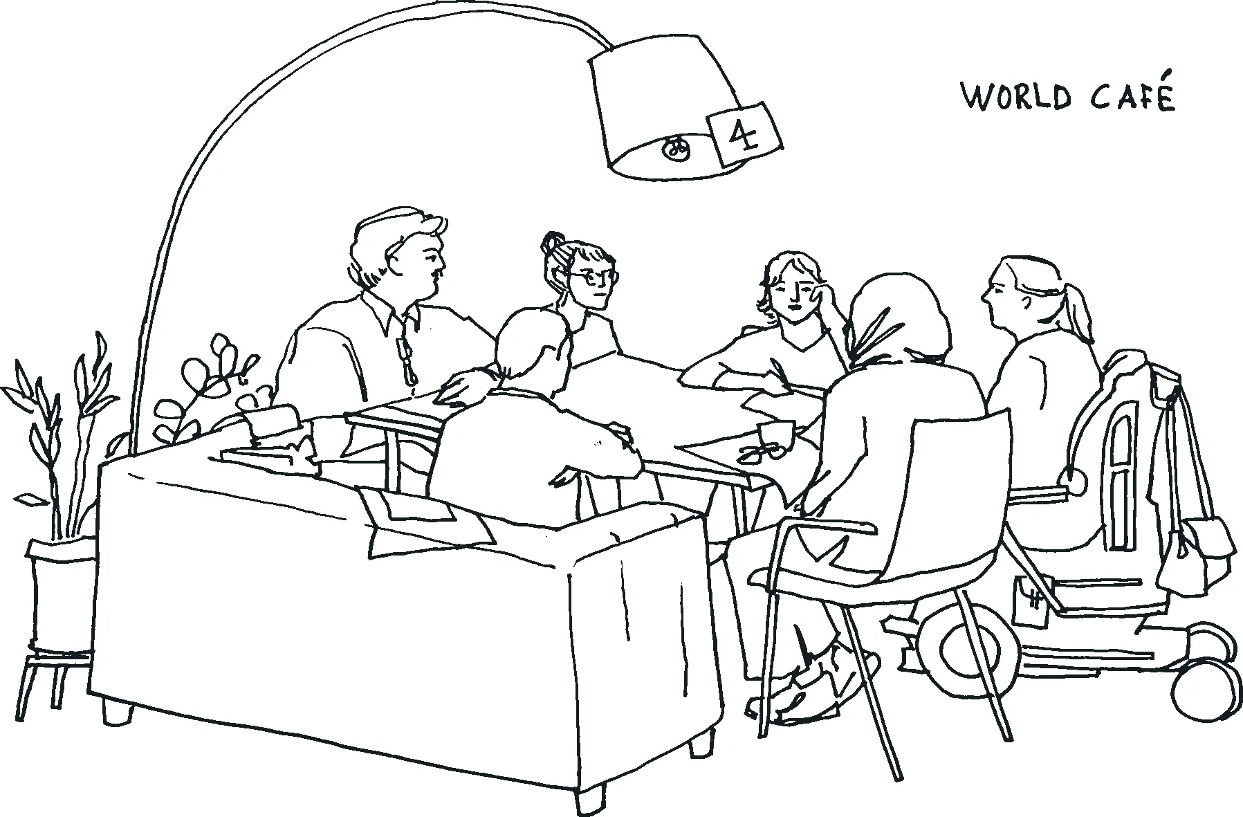 Schwarz-Weiß-Zeichnung eines World-Cafés