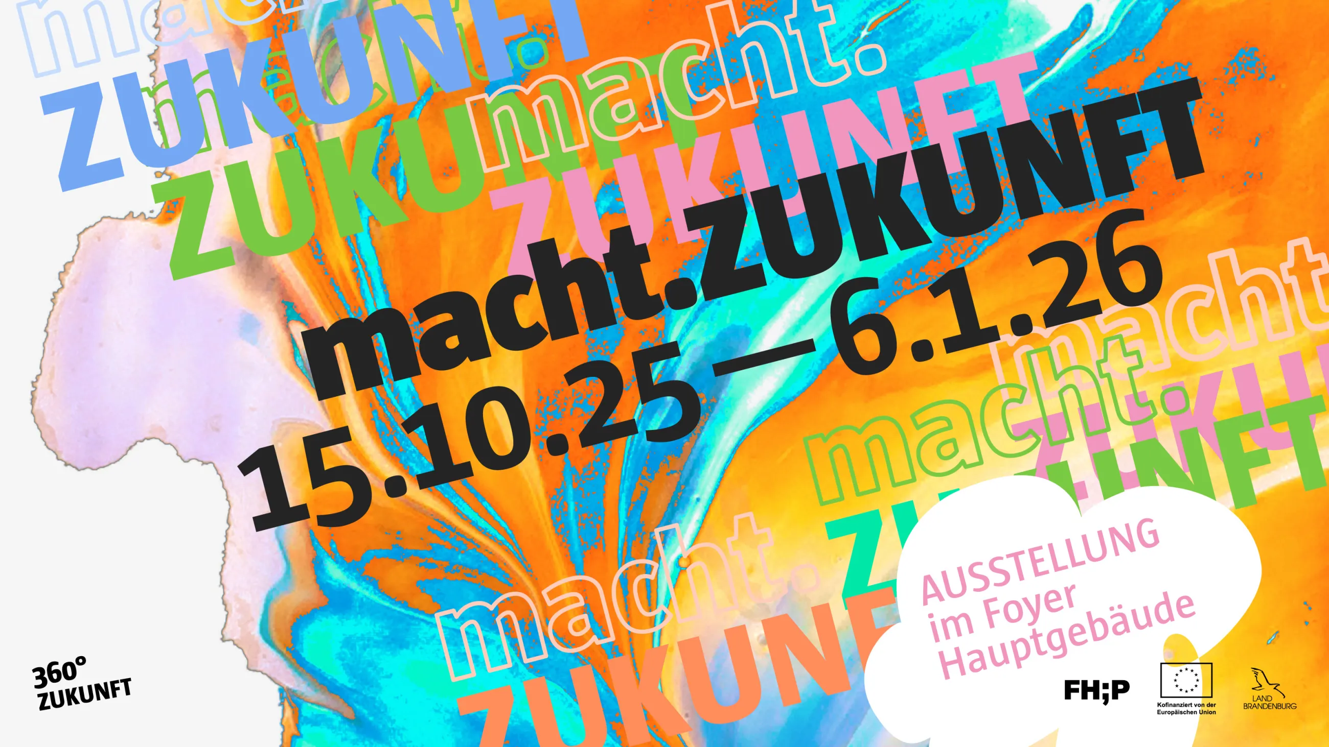 Buntes Bild mit Aufschrift zur Ausstellungsdauer vom 15.10.25 bis 6.1.2026