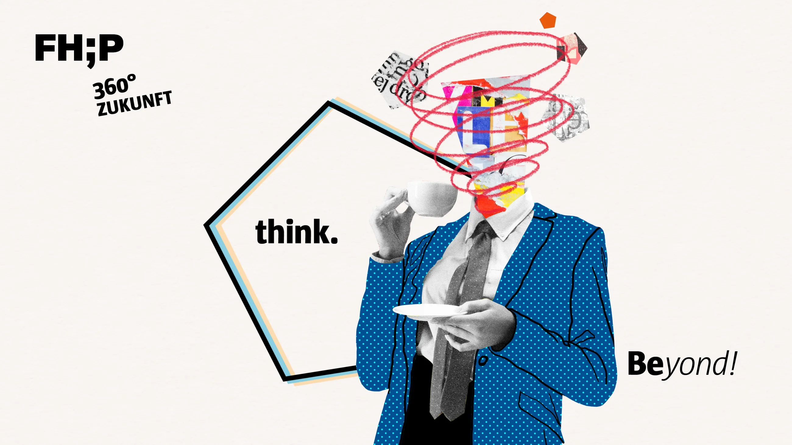 Grafik einer Business-Person mit Tasse und Gedankenwirbel statt Kopf sowie der Aufschrift think.Beyond
