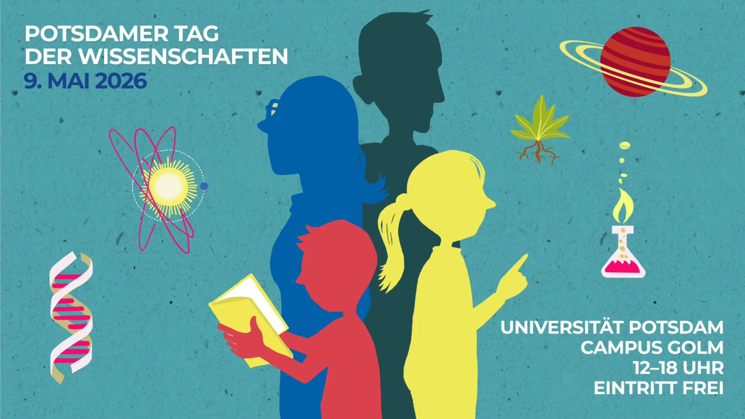 Stilisierte Familie und Text "Potsdamer Tag der Wissenschaften 09. Mai 2026", "Campus Golm"