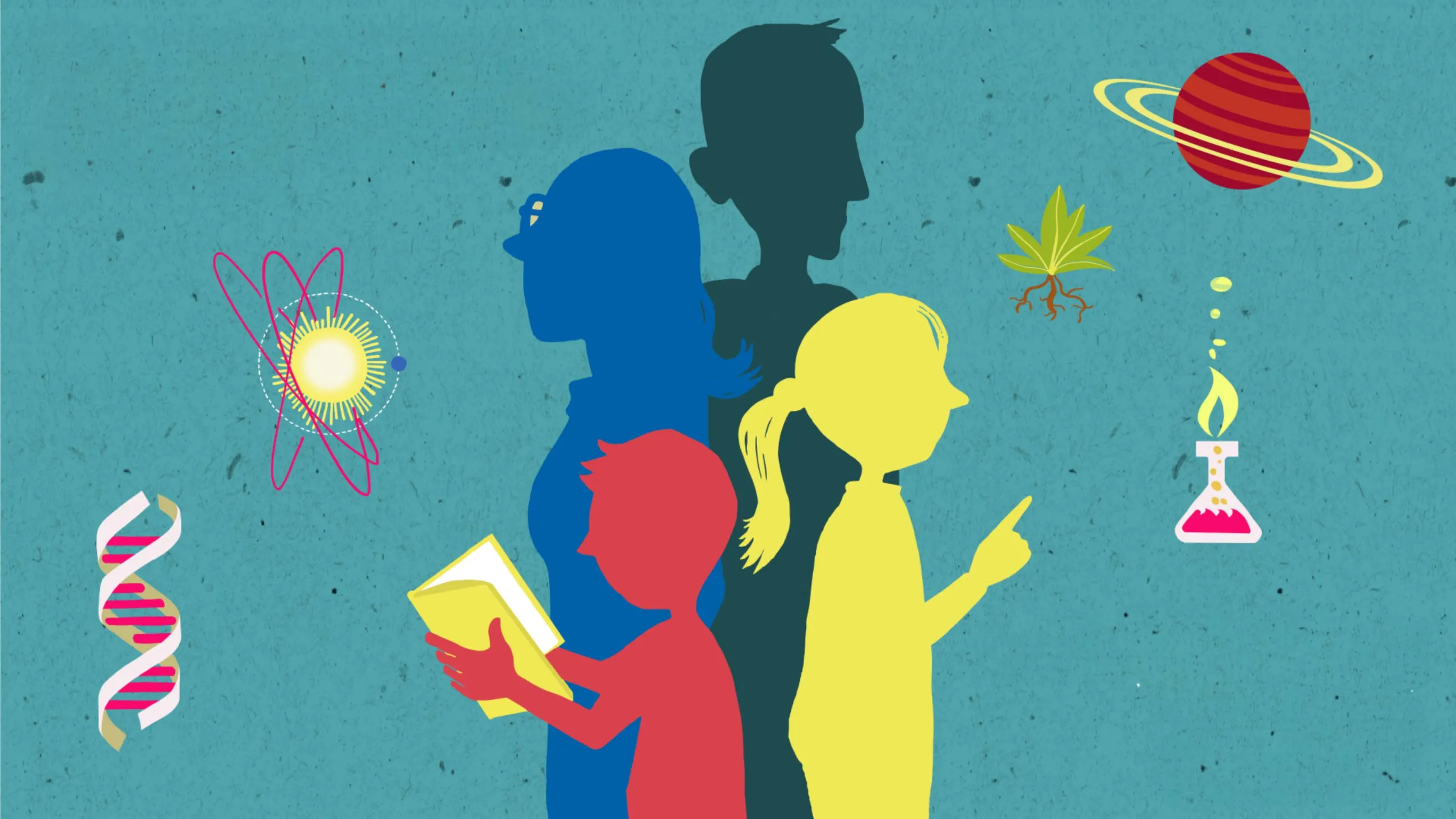 Stilisierte Familie und verschiedene Icons zum Thema Wissenschaft (Planet, Reagenzglas, DNA-Strang)