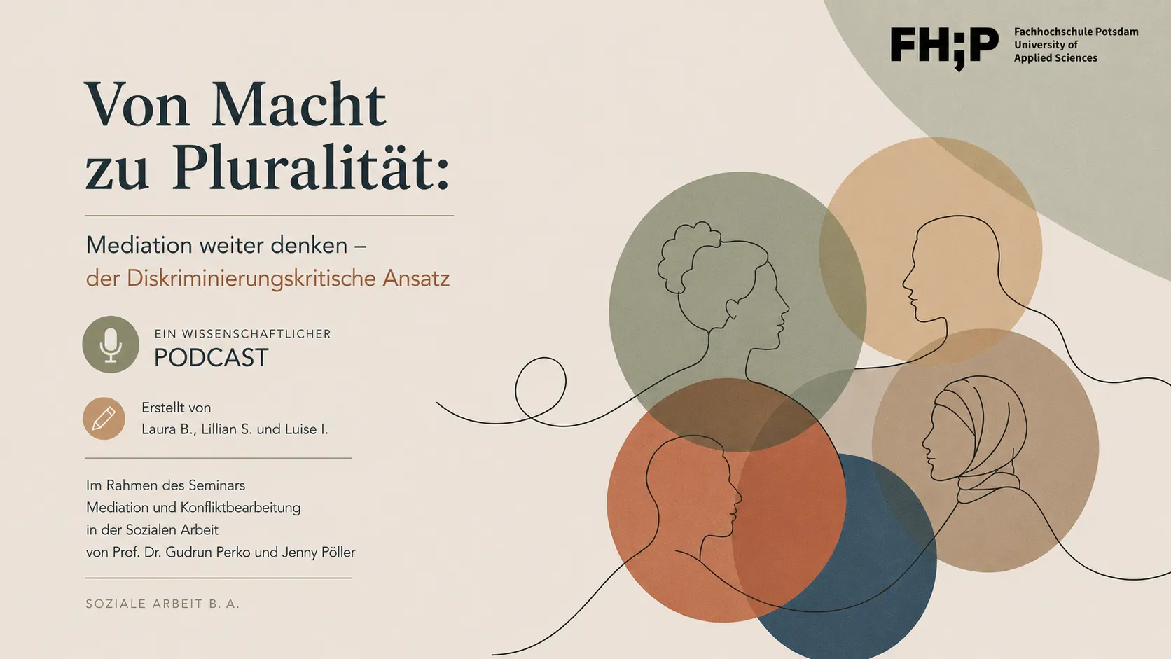 Grafik mit dem Titel 'Von Macht zu Pluralität: Mediation weiter denken – der Diskriminierungskritische Ansatz' mit stilisierten Profilen von vier Personen in überlappenden farbigen Kreisen und Textinformationen zu einem wissenschaftlichen Podcast der Fachhochschule Potsdam.