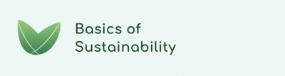 Grünes Logo in Blattform mit dem grünen Schriftzug "Basics of Sustainability"