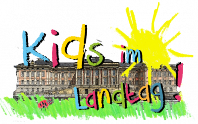 Bild des Landtags Brandenburgs, darüber in bunter Schrift der Satz "Kids im Landtag" und eine gemalte Sonne