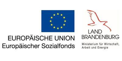 EU Sterneauf blauem Hintergrund und Brandenburger Adler mit Schrifzug