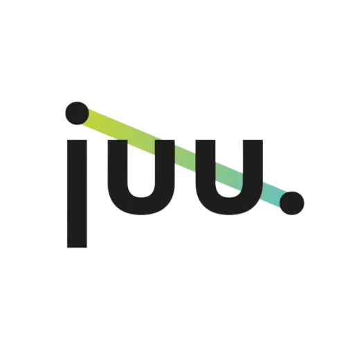 Zu sehen ist der Schriftzug "juu." Eine Linie verbindet den Punkt vom J mit dem Satzzeichen.