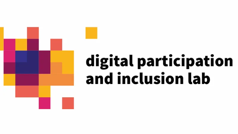 Buntes Logo, bestehend aus stilisierten Pixeln mit dem nebenstehenden Schriftzug "digital Partizipation and Inclusive Lab"