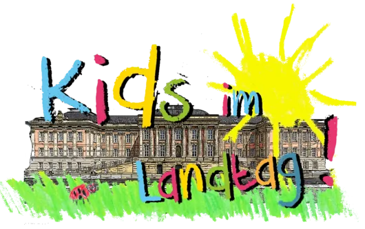 Bild des Landtags Brandenburgs, darüber in bunter Schrift der Satz "Kids im Landtag" und eine gemalte Sonne