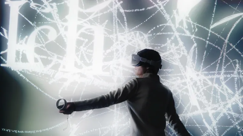 Ein Studierender präsentiert ein Virtual-Reality-Projekt
